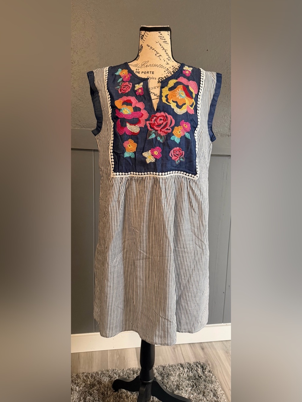 Savanna Jane Navy Floral Embroidered Striped Sundress